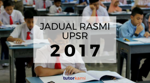 Tajuk Besar Jadual Rasmi UPSR 2017 dengan latar belakang para pelajar menduduki peperiksaan