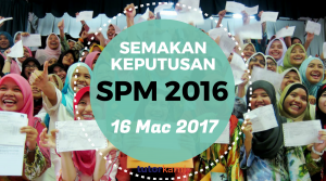 Tajuk besar Semakan Keputusan SPM 2016 dengan tarikh pengumuman 16 Mac 2017 berlatarbelakangkan sekumpulan calon SPM yang menyambut slip SPM mereka
