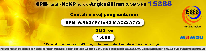 Gambar memaparkan cara-cara semakan keputusan SPM secara SMS dengan menaip SMS <jarak> NoKP <jarak> NoAngkaGiliran dan SMS kepada 15888.