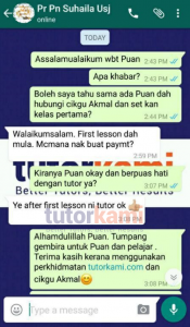 Testimonial tutor terbaik Whatsapp klien TutorKami selepas sesi pertama